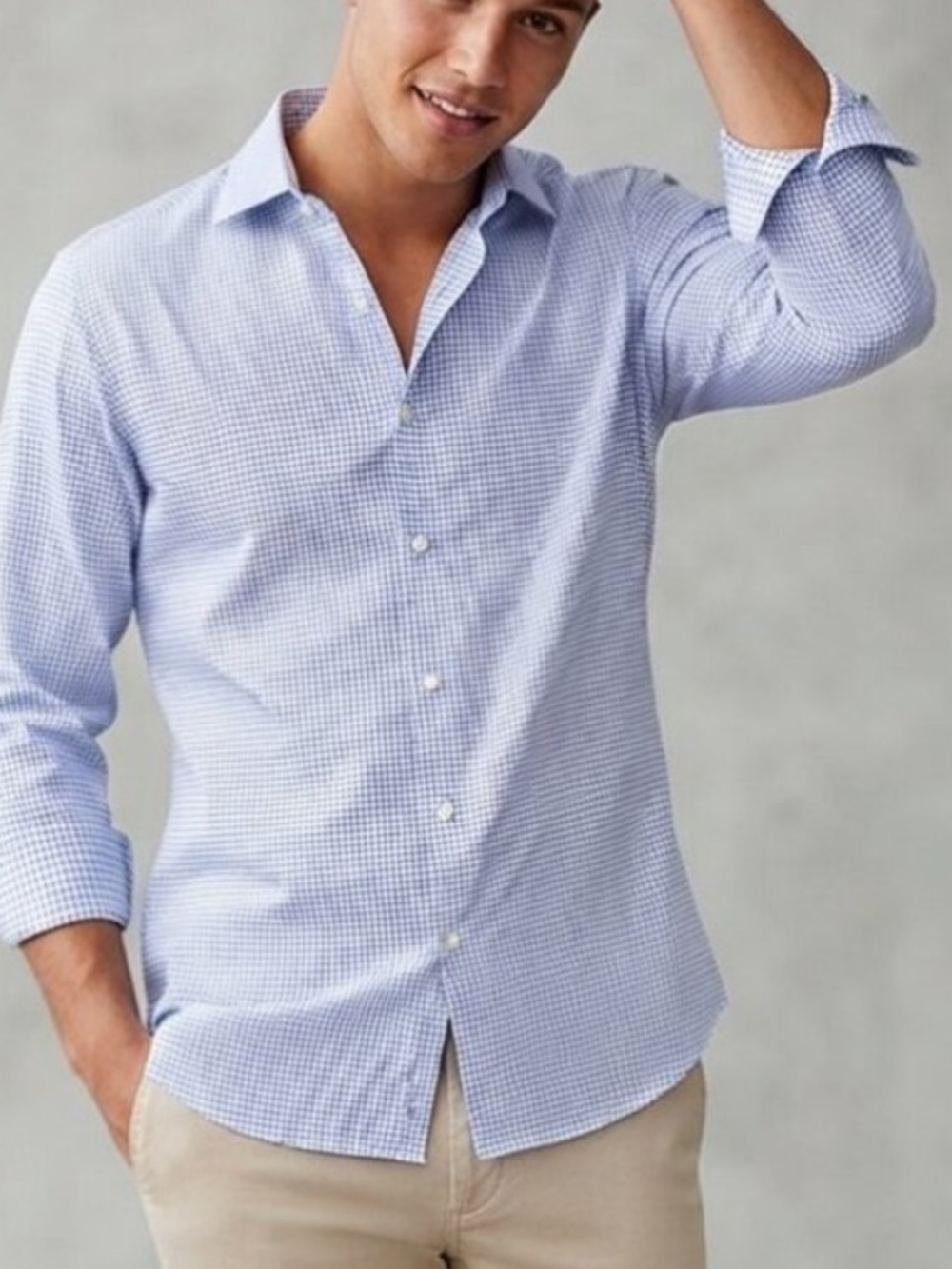 Suit Supply Men’s White Blue Traveller Slim Fit Dress Shirt Size 42 8825